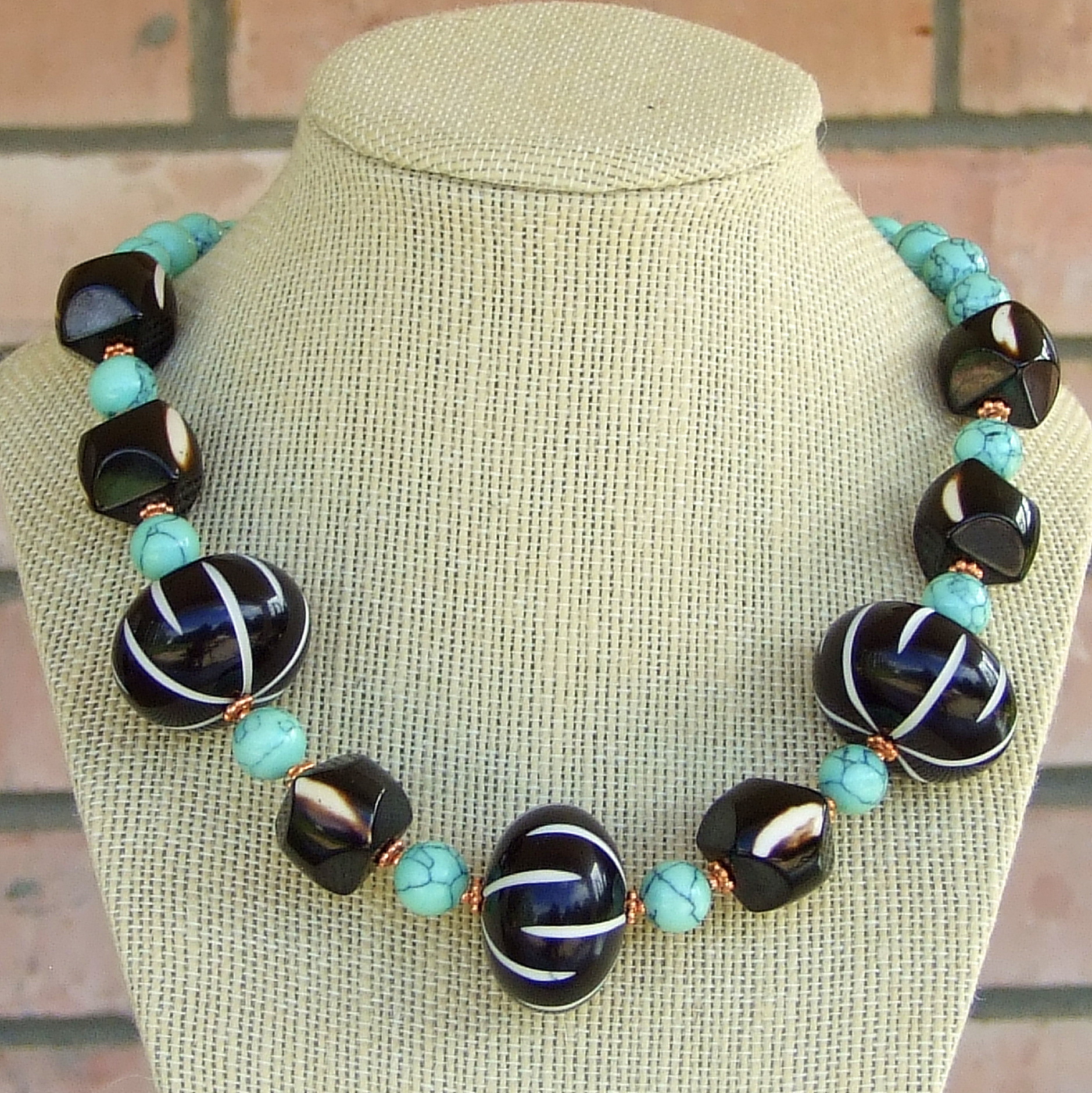 Chunky Tribal Necklace, Vintage Resin Bone Howlite Handmade 