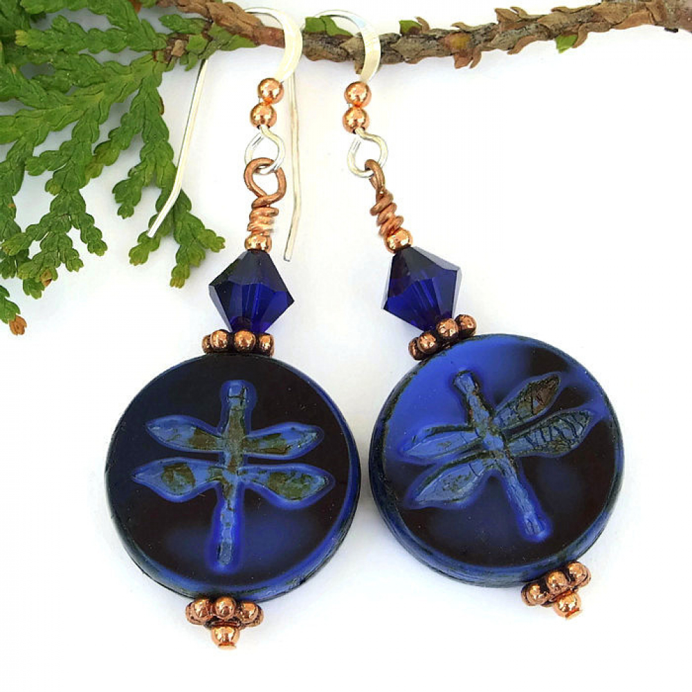Blue Black Dragonfly Earrings, Swarovski Handmade Nature