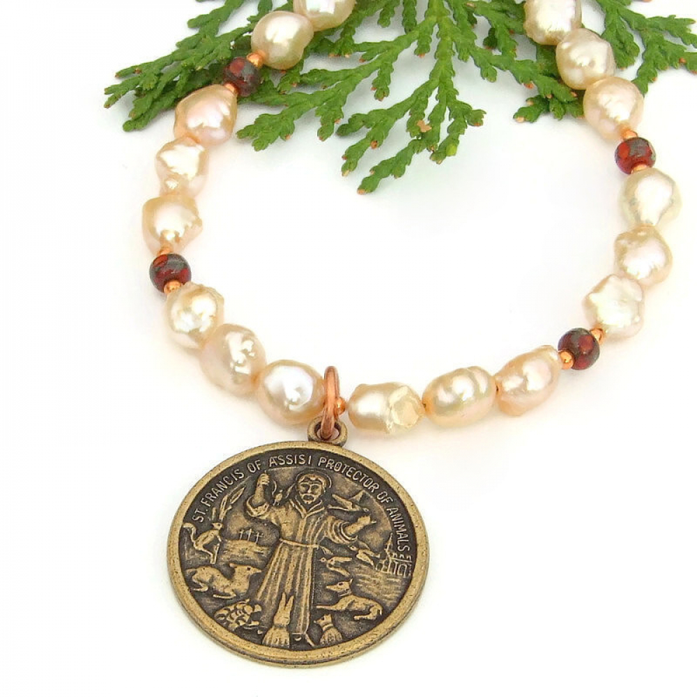 St francis animals necklace brass pearls handmade religious jewelry