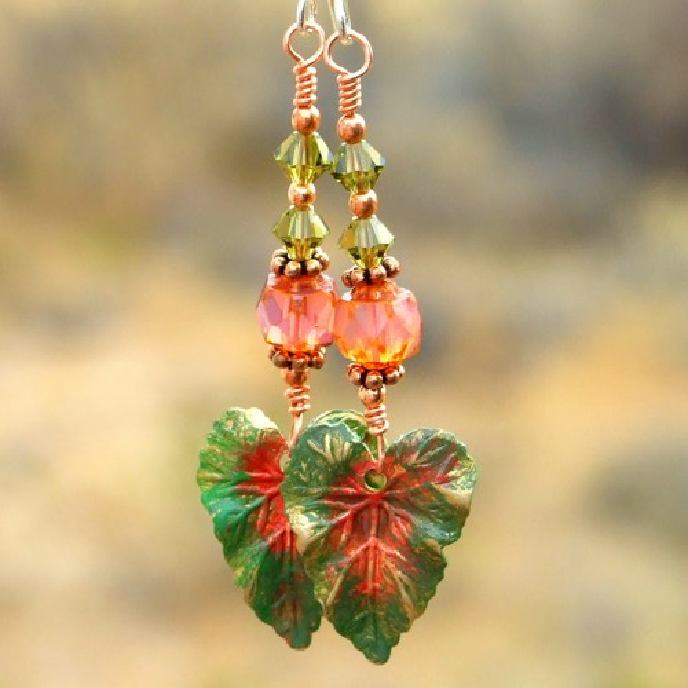 TROPICAL TREASURES Brass Leaves Handmade Earrings, Czech Glass Swarovski Jewelry Shadow Dog