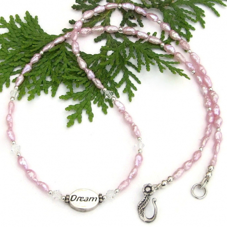 dream necklace handmade sterling silver pink vintage pearls swarovski crystals