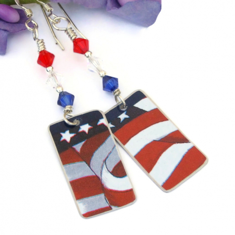 4th of July flag earrings handmade red white blue Swarovski crystals