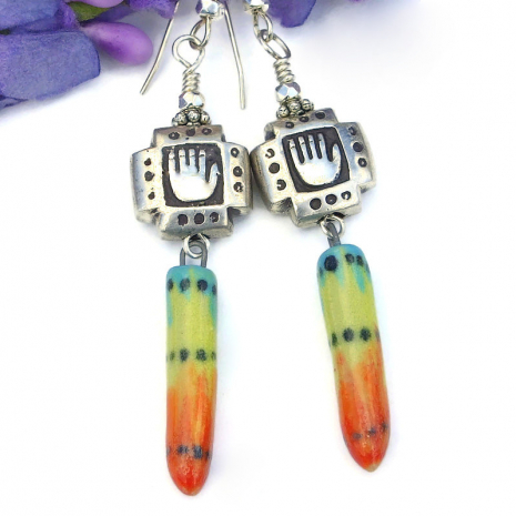 abhaya mudra fearless hand earrings buddhist handmade colorful ceramic dangles