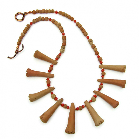 african terracotta clay necklace with red coral