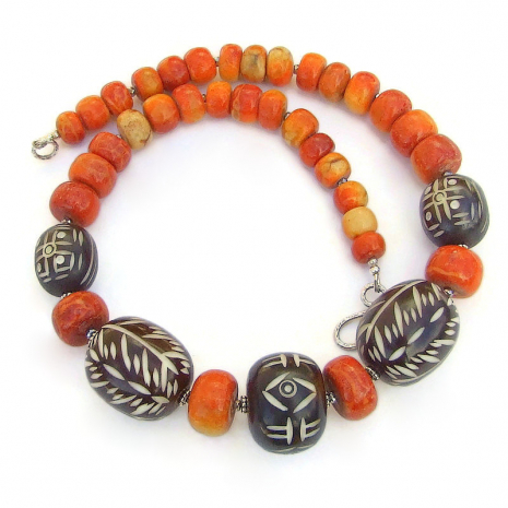 african kenyan carved bone orange coral handmade tribal jewelry gift for her