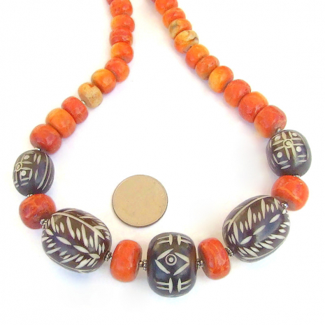 african kenyan carved brown white bone boho tribal jewelry orange apple coral