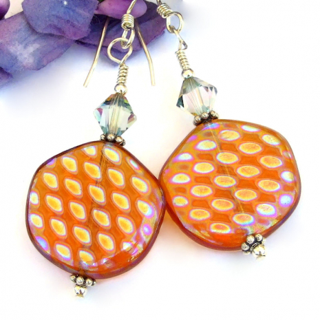 amber brown glass handmade earrings aurora borealis spots swarovski crystals