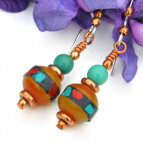 amber tibetan bead earrings red coral turquoise