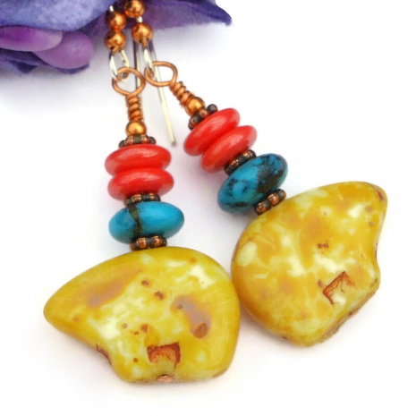 amber turquoise coral bear handmade earrings southwest zuni totem