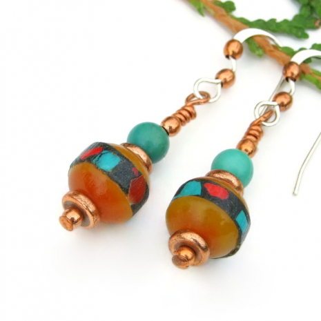 amber turquoise red coral tibetan bead earrings