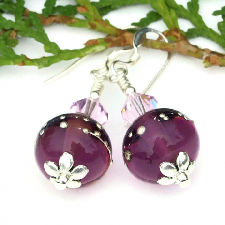 one of a kind purple and silver lampwork earrings