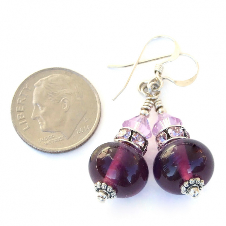 amethyst purple lampwork handmade earrings lavender swarovski crystals
