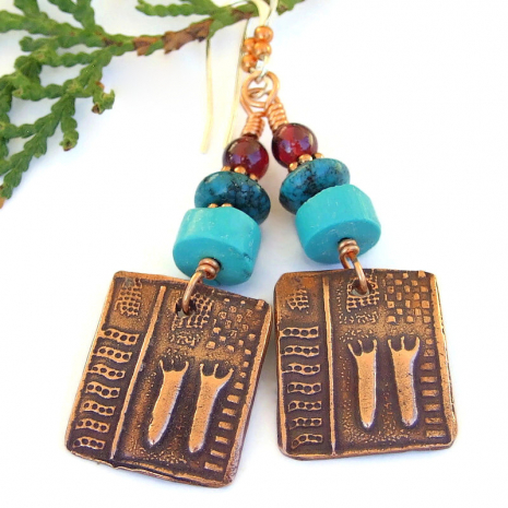 ancient art shaman petroglyphs handmade jewelry copper turquoise red garnet gift