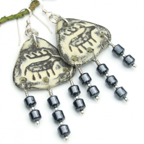ancient petroglyph deer elk reindeer handmade earrings hematite ceramic jewelry