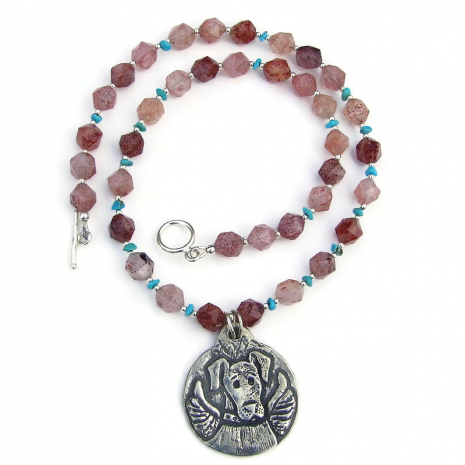 angel dog pendant necklace red rutilated quartz turquoise