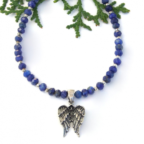 angel wings handmade necklace faceted lapis lazuli jewelry gift