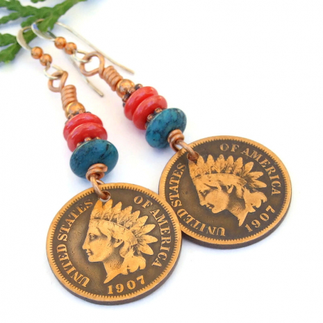 antique indian head copper coin penny earrings handmade jewelry turquoise coral
