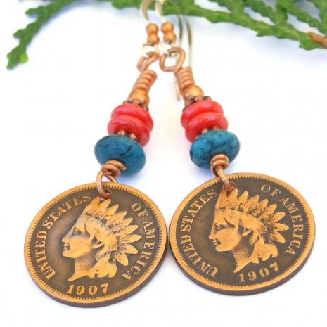 antique indian head copper coin penny jewelry handmade earrings turquoise coral
