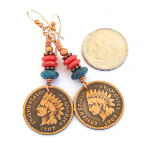 antique indian head penny earrings handmade coin gift for her