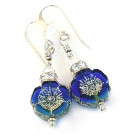antiqued silver back side of blue flower earrings handmade
