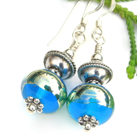 aqua blue aurae lampwork glass earrings handmade thai fine silver translucent