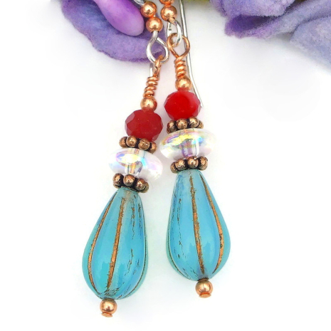 aqua blue copper ridged teardrop earrings handmade Czech glass red clear