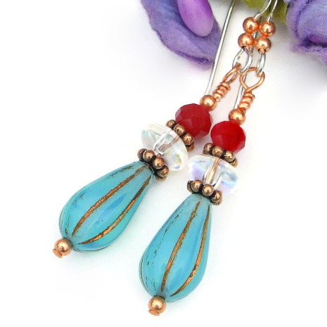 aqua blue copper teardrop jewelry handmade Czech glass red clear