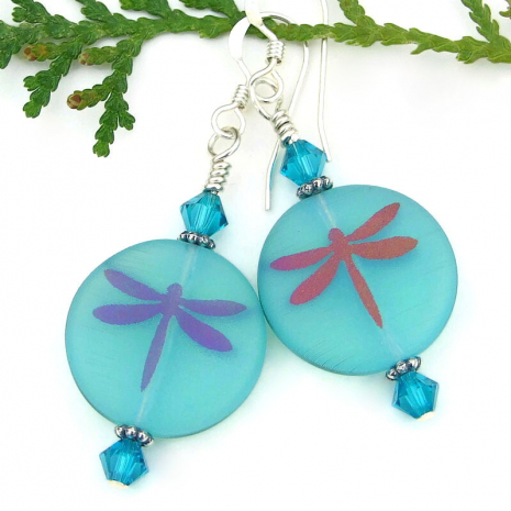 aqua blue dragonflies dragonfly handmade earrings laser etched swarovski