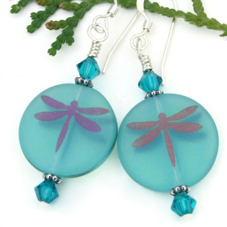 aqua blue dragonflies dragonfly handmade jewelry laser etched swarovski crystals
