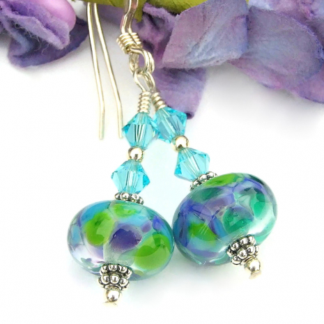 aqua blue green purple handmade lampwork jewelry swarovski crystals