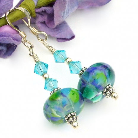 aqua blue green purple lampwork handmade earrings swarovski crystals