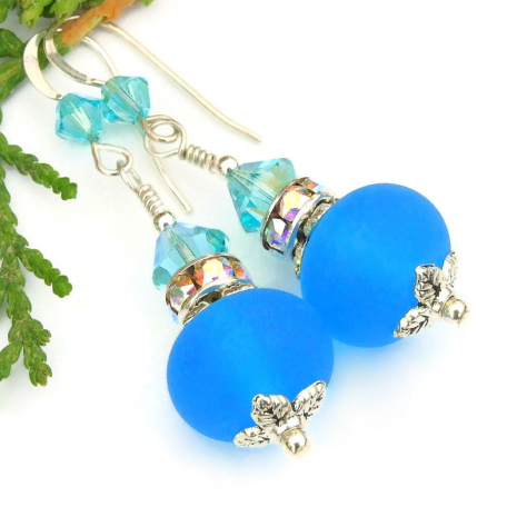 aqua blue lampwork earrings light turquoise swarovski crystals