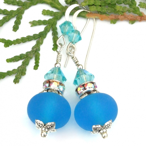 aqua blue lampwork jewelry light turquoise swarovski crystals