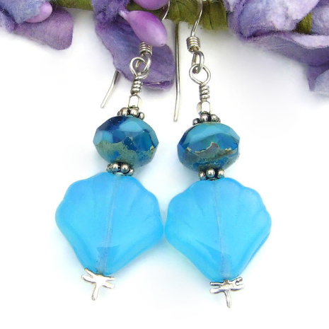 aqua blue opal seashell earrings silver dragonfly Czech glass