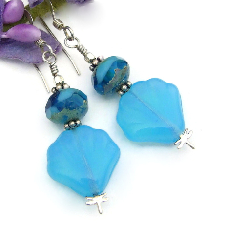 aqua blue opal seashell jewelry silver dragonfly Czech glass