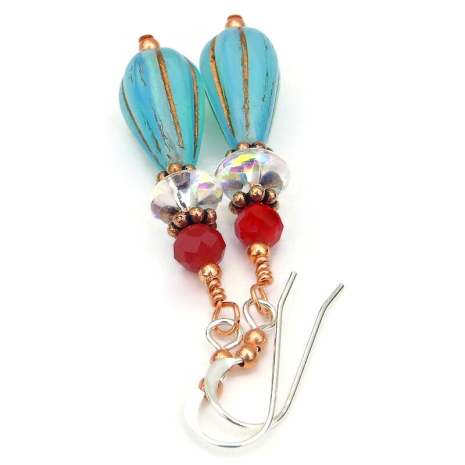 aqua blue opaline teardrop jewelry handmade clear red Czech glass