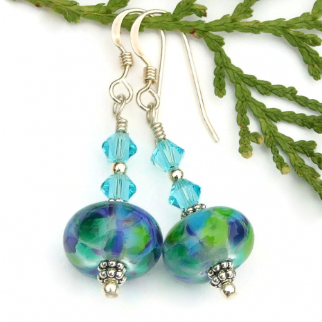 aqua purple green blue artisan handmade lampwork earrings swarovski crystals