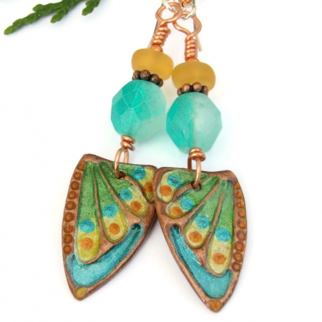 aqua yellow green butterfly wings earrings artisan handmade