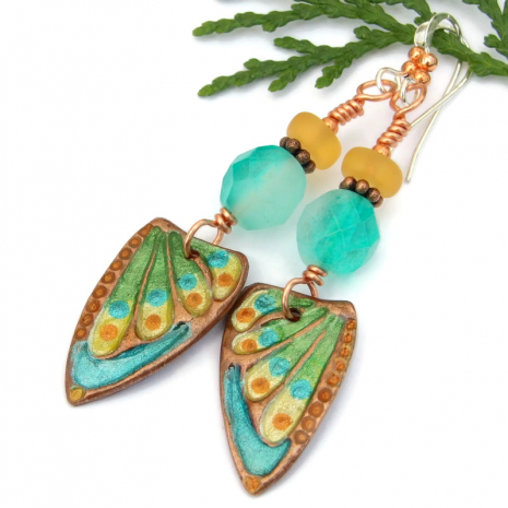 aqua yellow green butterfly wings jewelry artisan handmade