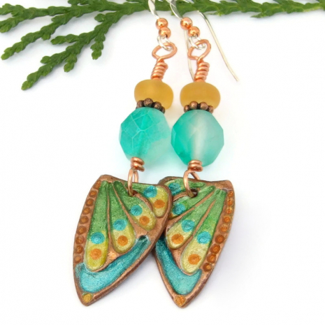 aqua yellow handmade earrings butterfly wings