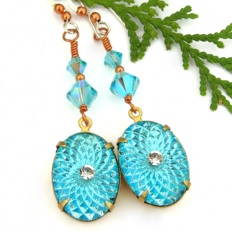 aquamarine crystal sunburst earrings swarovski handmade