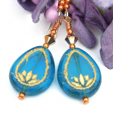 aquamarine glass lotus flower yoga jewelry gold swarovski crystals handmade