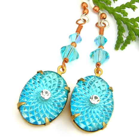 aquamarine sunburst vintage crystal earrings swarovski handmade jewelry gift