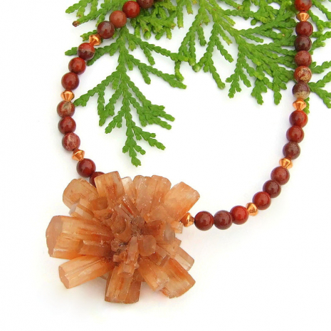 aragonite star cluster necklace red poppy jasper copper