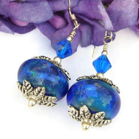 artisan blue lampwork glass earrings borosilicate swarovski crystals