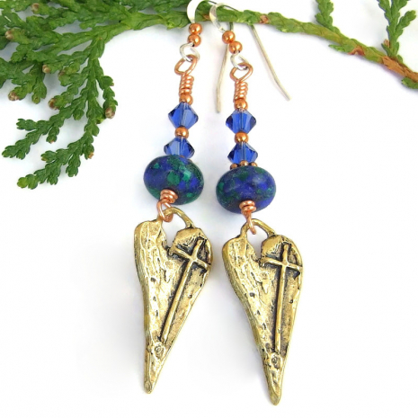 artisan bronze crosses hearts religious earrings handmade jewelry gift
