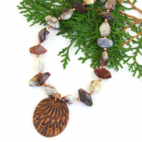 artisan copper feather pendant necklace agate gemstone handmade jewelry gift