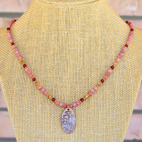 artisan flower floral handmade pendant necklace pink opal garnet gemstones