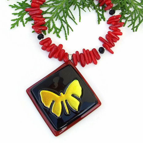 artisan handmade dichroic butterfly pendant necklace
