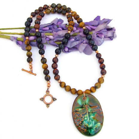 artisan handmade dragonfly pendant jewelry lotus flowers tigers eye gemstones